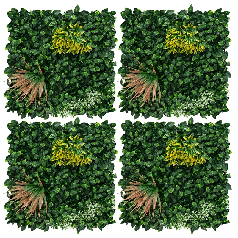 ECD Germany | Künstliche Pflanzenwand 4er Set 50x50 cm Grün Kunstpflanzen Wandpaneele Indoor Outdoor Blumenwand Sichtschutz Wandpflanzen