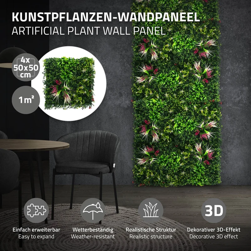 ECD Germany | Künstliche Pflanzenwand 4er Set 50x50 cm Grün Kunstpflanzen Wandpaneele Indoor Outdoor Blumenwand Sichtschutz Wandpflanzen