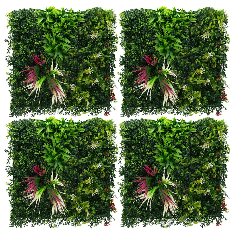 ECD Germany | Künstliche Pflanzenwand Tropical Pink 4er Set 50x50 cm Grün Kunstpflanzen Wandpaneele Indoor Outdoor Blumenwand Sichtschutz Wandpflanzen