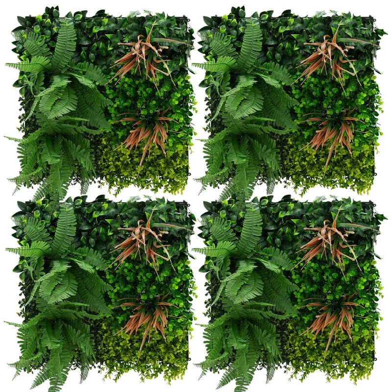 ECD Germany | Künstliche Pflanzenwand Tropical Mix 4er Set 50x50 cm Grün Kunstpflanzen Wandpaneele Indoor Outdoor Blumenwand Sichtschutz Wandpflanzen