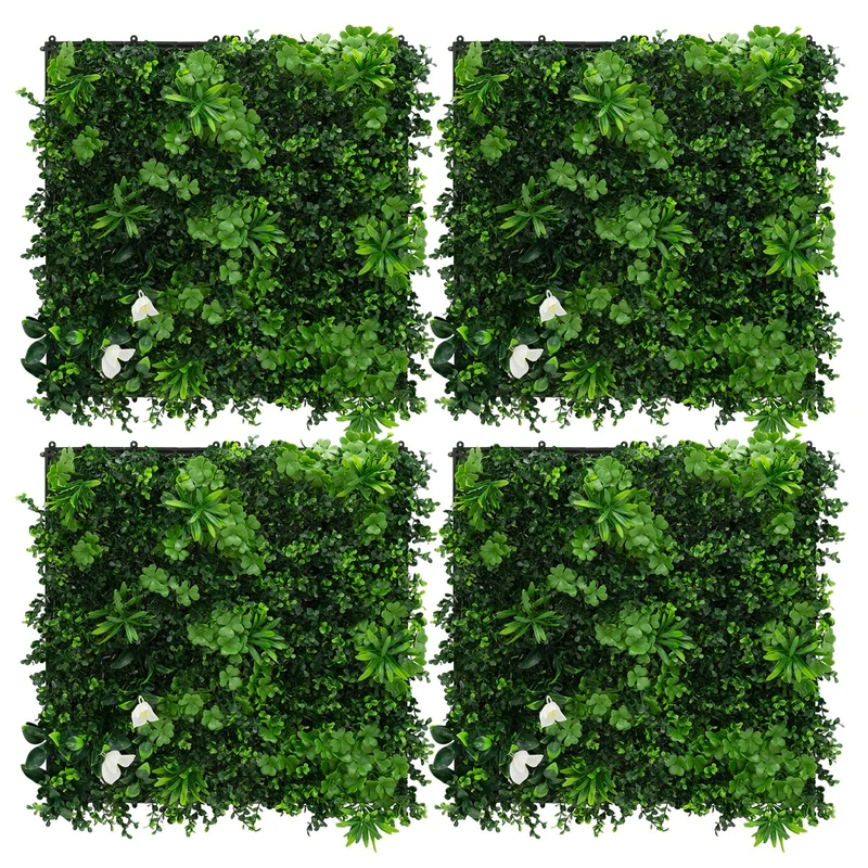 ECD Germany | Künstliche Pflanzenwand White Jasmine 4er Set 50x50 cm Grün Kunstpflanzen Wandpaneele Indoor Outdoor Blumenwand Sichtschutz Wandpflanzen