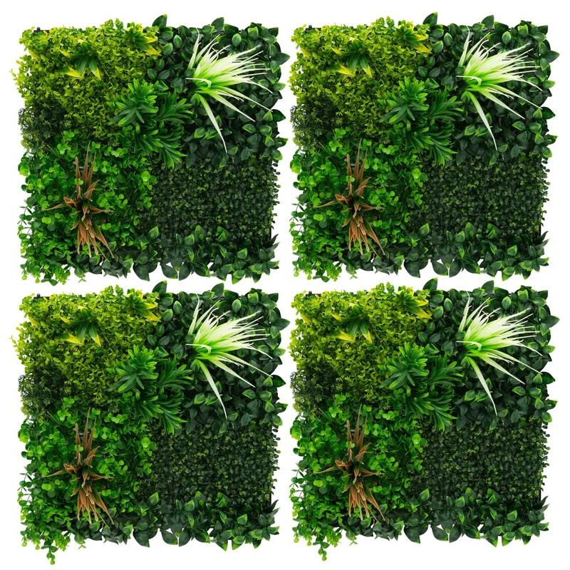 ECD Germany | Künstliche Pflanzenwand Sunburst 4er Set 50x50 cm Grün Kunstpflanzen Wandpaneele Indoor Outdoor Blumenwand Sichtschutz Wandpflanzen