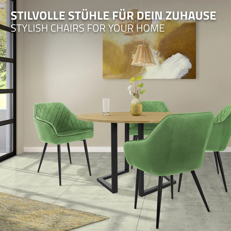 Esszimmerstuhl 6er Set Rauten Steppung mit Rücken- und Armlehnen Salbei Küchenstuhl mit Microfaser-Samtbezug ML-Design