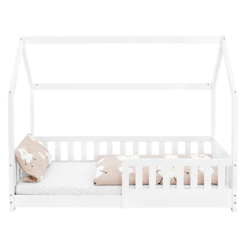 B-Ware Kinderbett Hausbett 80x160 cm Weiß aus Kiefernholz mit Rausfallschutz Dach und Lattenrost Holzbett ML-Design