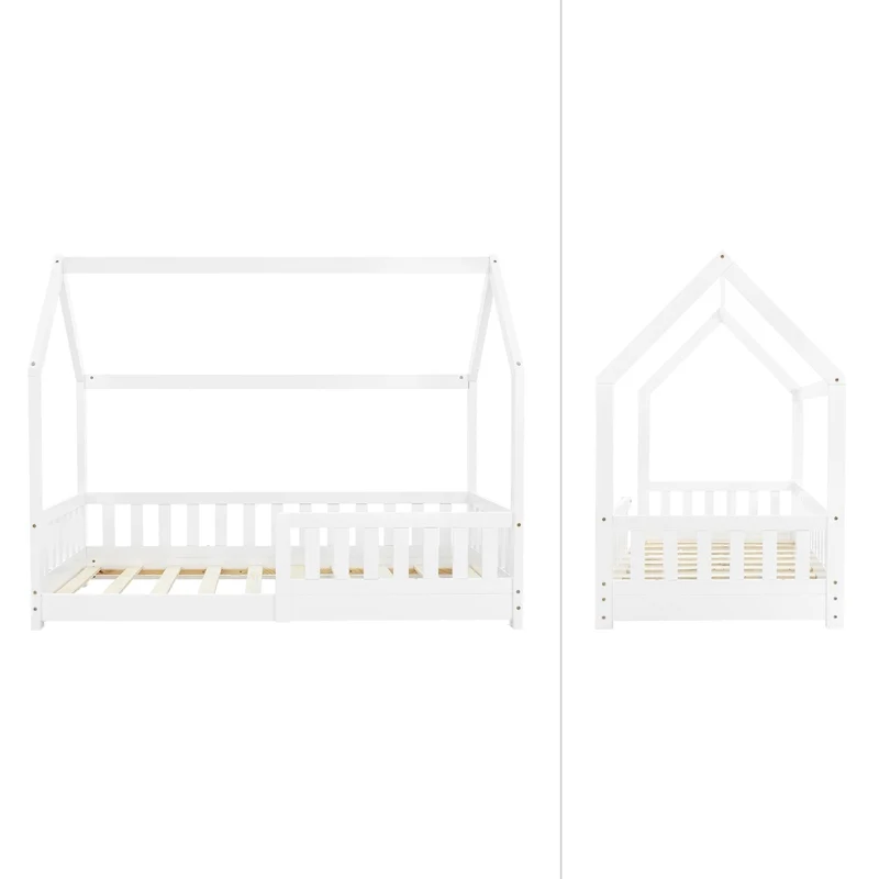 B-Ware Kinderbett Hausbett 80x160 cm Weiß aus Kiefernholz mit Rausfallschutz Dach und Lattenrost Holzbett ML-Design