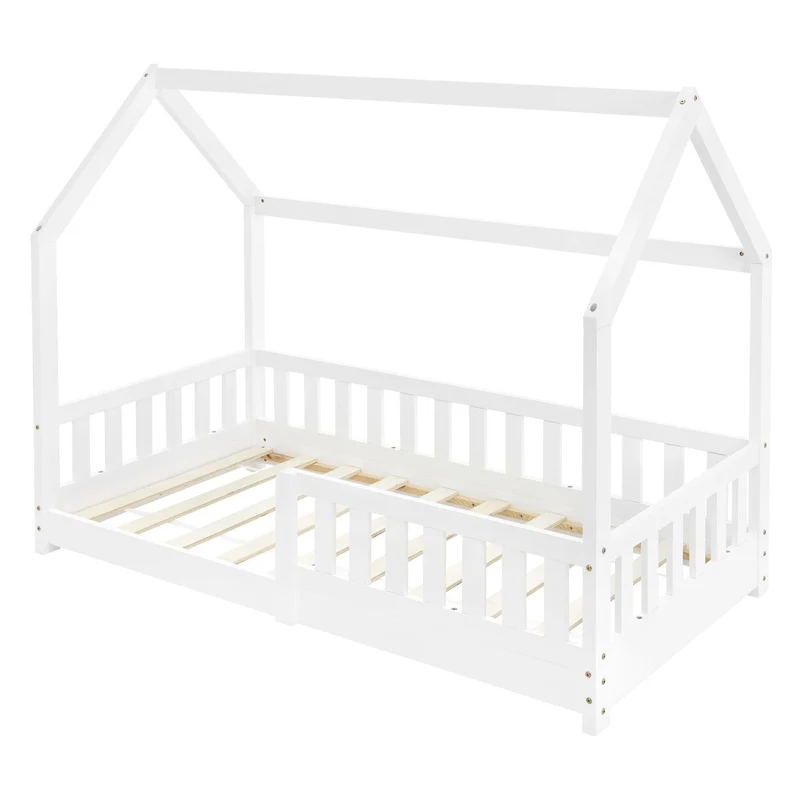 B-Ware Kinderbett Hausbett 80x160 cm Weiß aus Kiefernholz mit Rausfallschutz Dach und Lattenrost Holzbett ML-Design