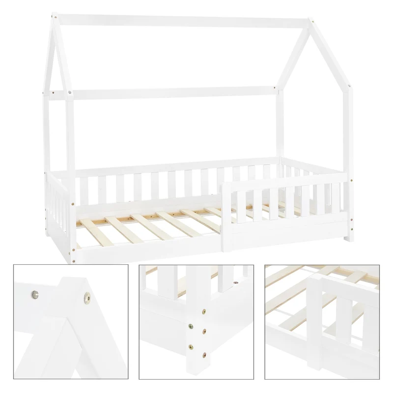 B-Ware Kinderbett Hausbett 80x160 cm Weiß aus Kiefernholz mit Rausfallschutz Dach und Lattenrost Holzbett ML-Design
