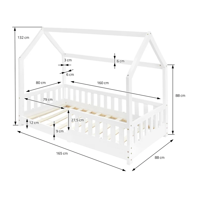 B-Ware Kinderbett Hausbett 80x160 cm Weiß aus Kiefernholz mit Rausfallschutz Dach und Lattenrost Holzbett ML-Design