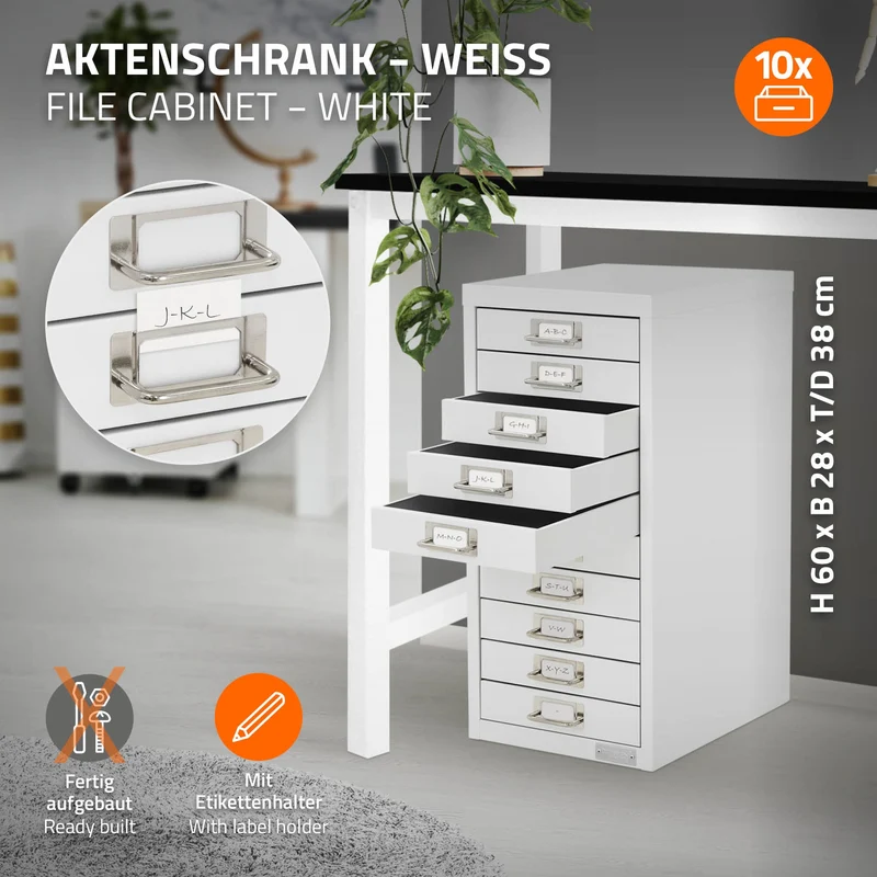 Aktenschrank mit 10 Schubladen 28x38x60 cm Weiß aus Metall ML-Design