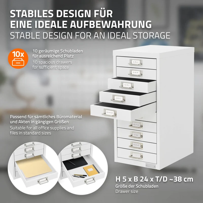 Aktenschrank mit 10 Schubladen 28x38x60 cm Weiß aus Metall ML-Design
