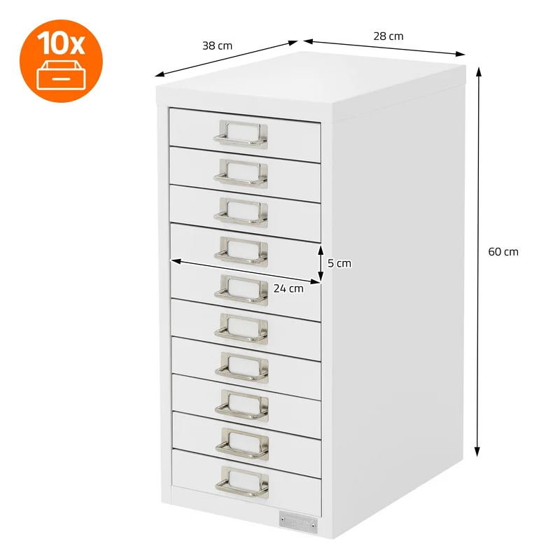 Aktenschrank mit 10 Schubladen 28x38x60 cm Weiß aus Metall ML-Design