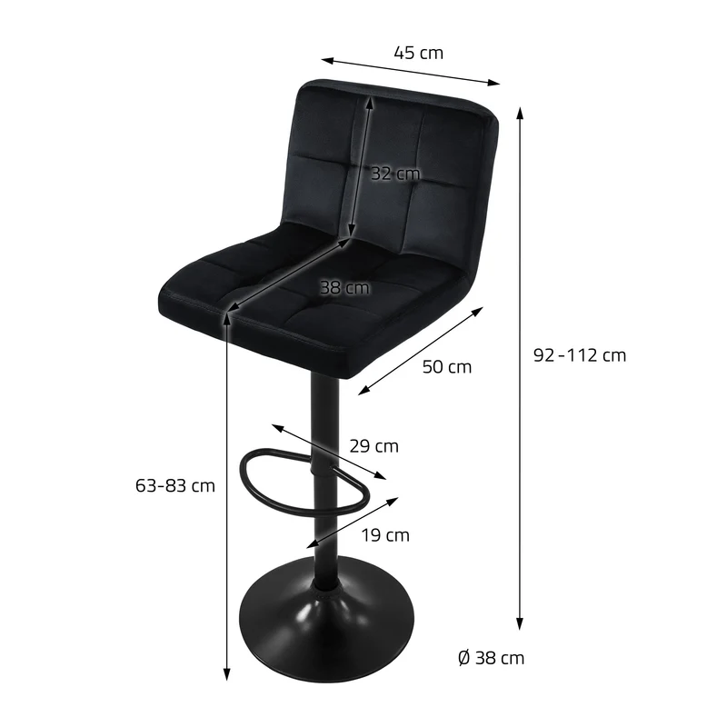 B-Ware Barhocker 2er Set Schwarz Samtbezug mit Rückenlehne und Fußstütze höhenverstellbar 63-83cm ML-Design