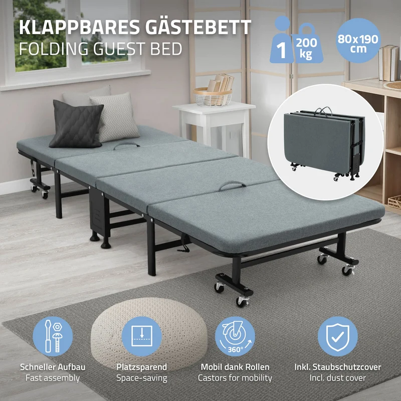 B-Ware Klappbares Gästebett 80x190 cm mit Matratze rollbar für Kinder & Erwachsene bis 200kg belastbar