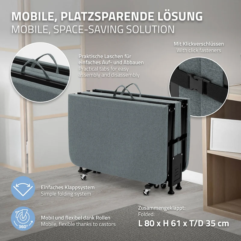 B-Ware Klappbares Gästebett 80x190 cm mit Matratze rollbar für Kinder & Erwachsene bis 200kg belastbar