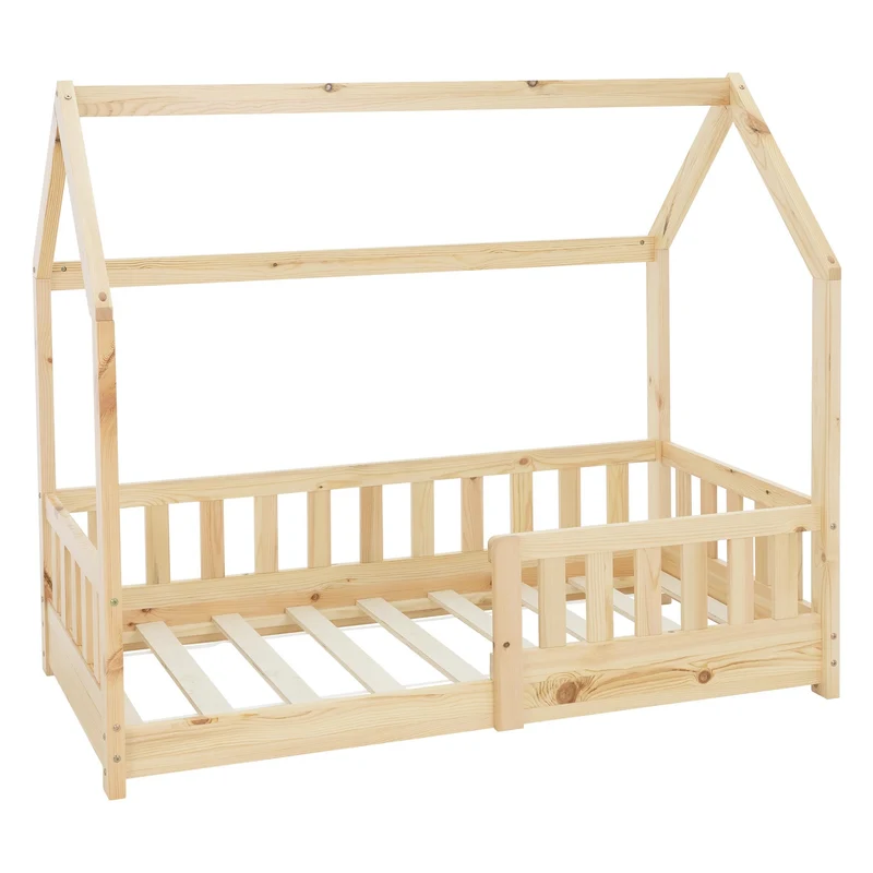 B-Ware Kinderbett Hausbett 140x70 cm aus Kiefernholz mit Rausfallschutz Dach und Lattenrost Holzbett ML-Design