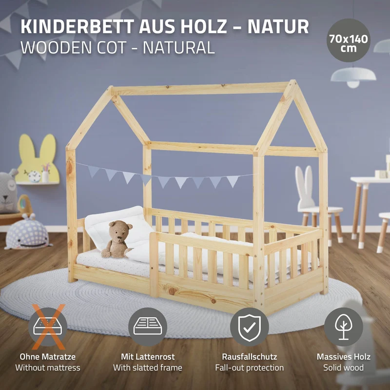 B-Ware Kinderbett Hausbett 140x70 cm aus Kiefernholz mit Rausfallschutz Dach und Lattenrost Holzbett ML-Design