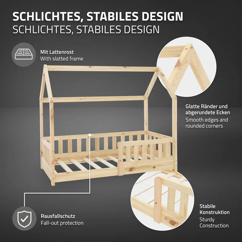 B-Ware Kinderbett Hausbett 140x70 cm aus Kiefernholz mit Rausfallschutz Dach und Lattenrost Holzbett ML-Design