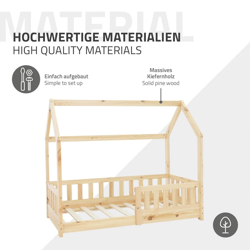 B-Ware Kinderbett Hausbett 140x70 cm aus Kiefernholz mit Rausfallschutz Dach und Lattenrost Holzbett ML-Design
