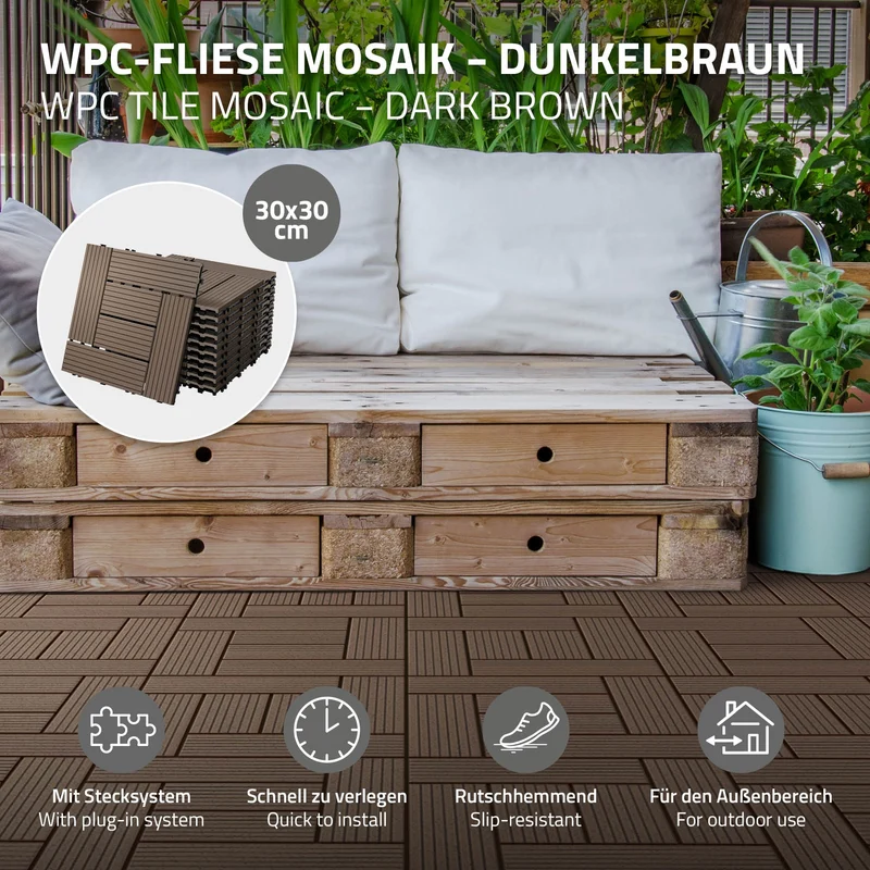 B-Ware WPC Terrassenfliesen 30x30 cm 11er Set für 1m² Dunkelbraun in Holzoptik Mosaik mit Drainage und Klicksys