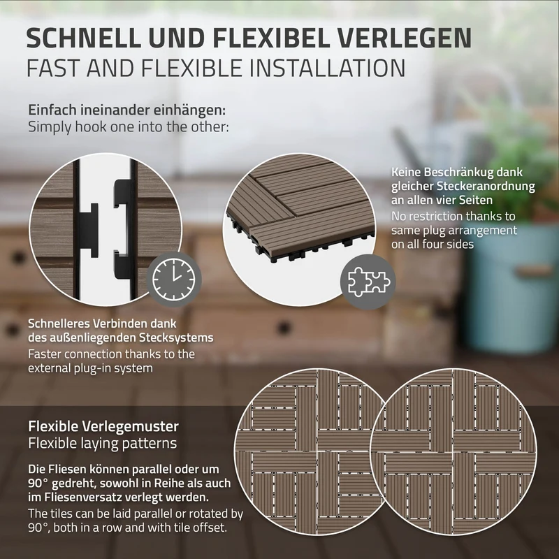 B-Ware WPC Terrassenfliesen 30x30 cm 11er Set für 1m² Dunkelbraun in Holzoptik Mosaik mit Drainage und Klicksys