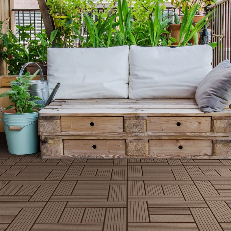 B-Ware WPC Terrassenfliesen 30x30 cm 11er Set für 1m² Dunkelbraun in Holzoptik Mosaik mit Drainage und Klicksys