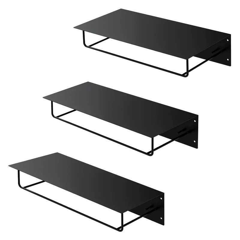 3er Set Kleiderstange Garderobe Wandmontage mit Ablage 60 x 30 x 15 cm Schwarz aus Metall ML-Design