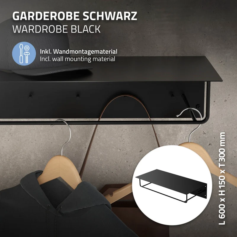 3er Set Kleiderstange Garderobe Wandmontage mit Ablage 60 x 30 x 15 cm Schwarz aus Metall ML-Design