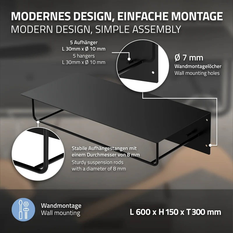 3er Set Kleiderstange Garderobe Wandmontage mit Ablage 60 x 30 x 15 cm Schwarz aus Metall ML-Design