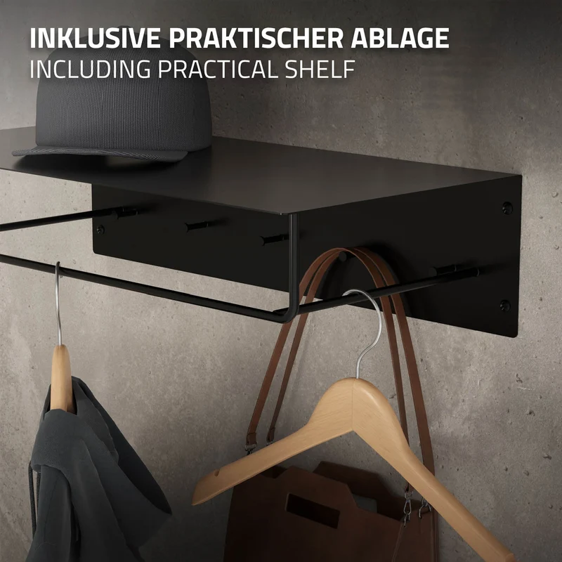 3er Set Kleiderstange Garderobe Wandmontage mit Ablage 60 x 30 x 15 cm Schwarz aus Metall ML-Design