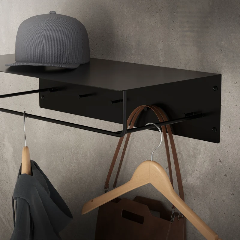 3er Set Kleiderstange Garderobe Wandmontage mit Ablage 60 x 30 x 15 cm Schwarz aus Metall ML-Design