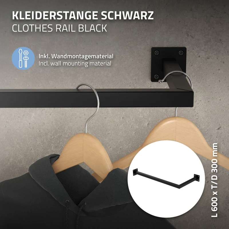 2er Set Kleiderstange Garderobe Wandmontage 30 x 60 cm Schwarz aus Stahl ML-Design