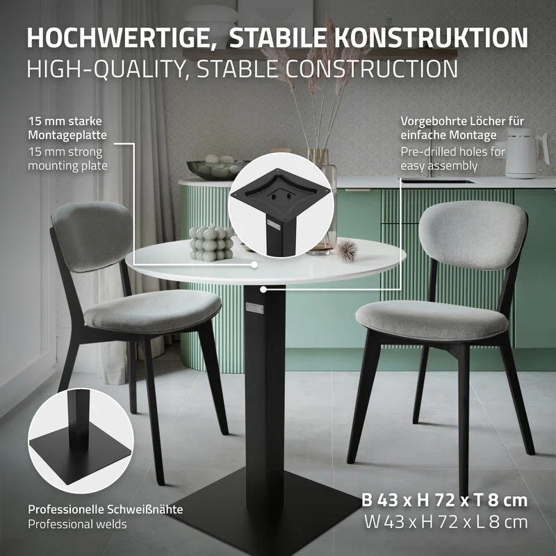 Tischgestell Single Schwarz Höhe 72cm aus pulverbeschichteteter Stahl 43x43 cm Bodenplatte Montagematerial ML-Design