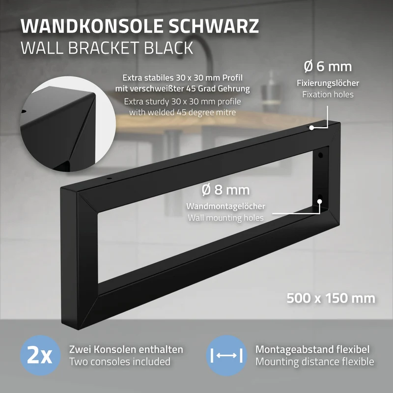 Wandkonsole Regalhalterung 2er Set 500 x 150 mm Schwarz aus Stahl ML-Design