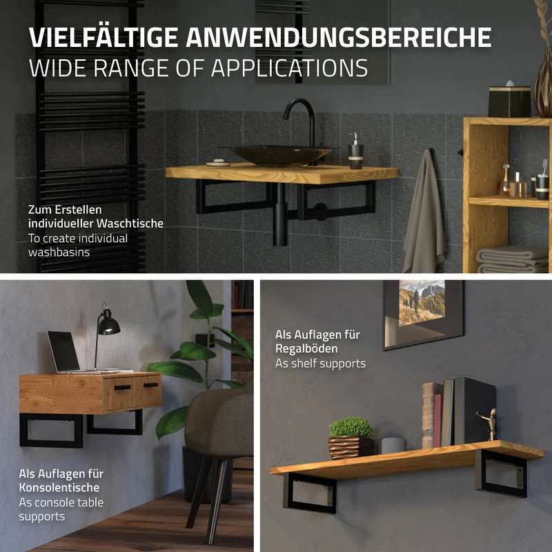 Wandkonsole für Waschtisch 2er Set 400x150 mm Schwarz aus Stahl ML-Design