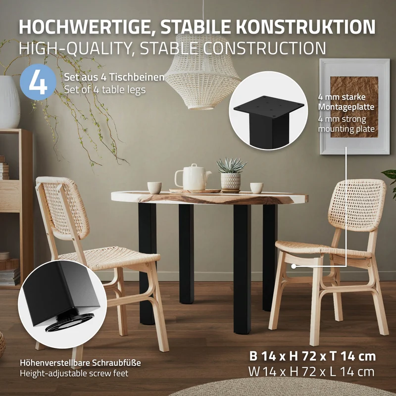 4er Set Tischbeine I-Design 72 cm Schwarz Tischgestell aus pulverbeschichteter Stahl, Profil 8x8 cm, höhenverstellbare Möbelfüße ML-Design