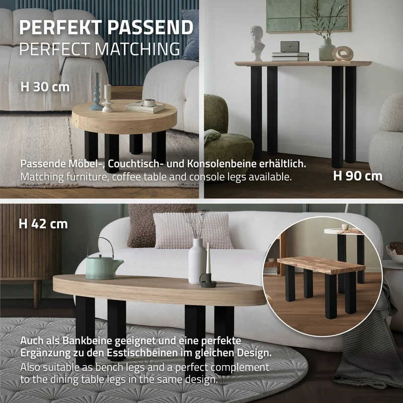 4er Set Tischbeine I-Design 72 cm Schwarz Tischgestell aus pulverbeschichteter Stahl, Profil 8x8 cm, höhenverstellbare Möbelfüße ML-Design