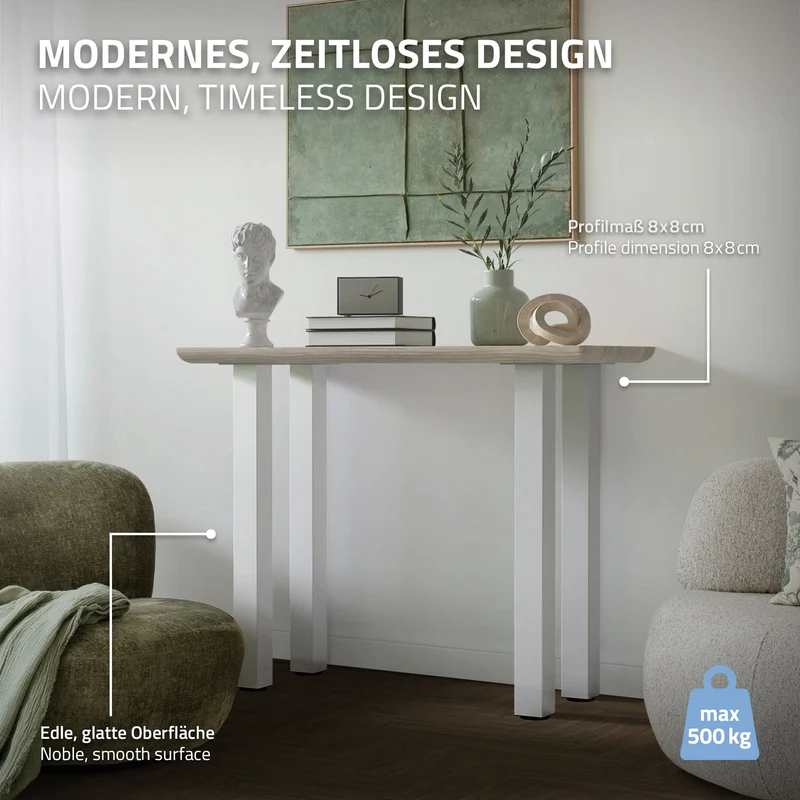 4er Set Tischbeine I-Design 90cm Weiß glänzend höhenverstellbare Tischgestell aus pulverbeschichteter Stahl, Profil 8x8cm, ML-Design