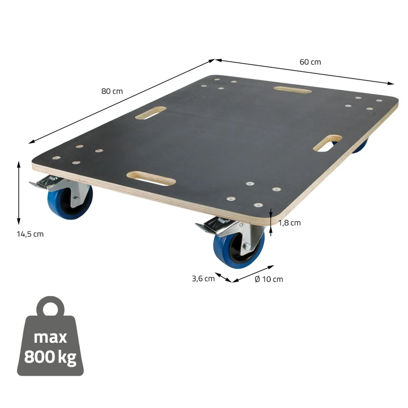 Rollbrett Möbelroller 60 x 80 cm aus Multiplex mit Feststellbremsen Tragkraft 800 kg