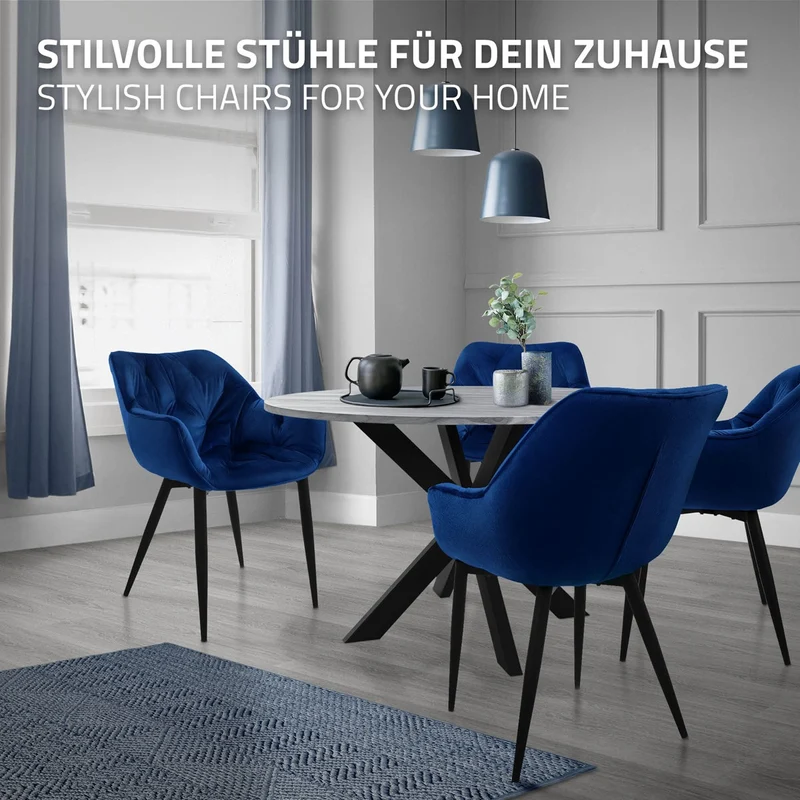 B-Ware Esszimmerstuhl 2er Set Große Rauten Steppung mit Rücken- und Armlehnen Dunkelblau Küchenstuhl mit Microfaser-Samtbezug ML-Design