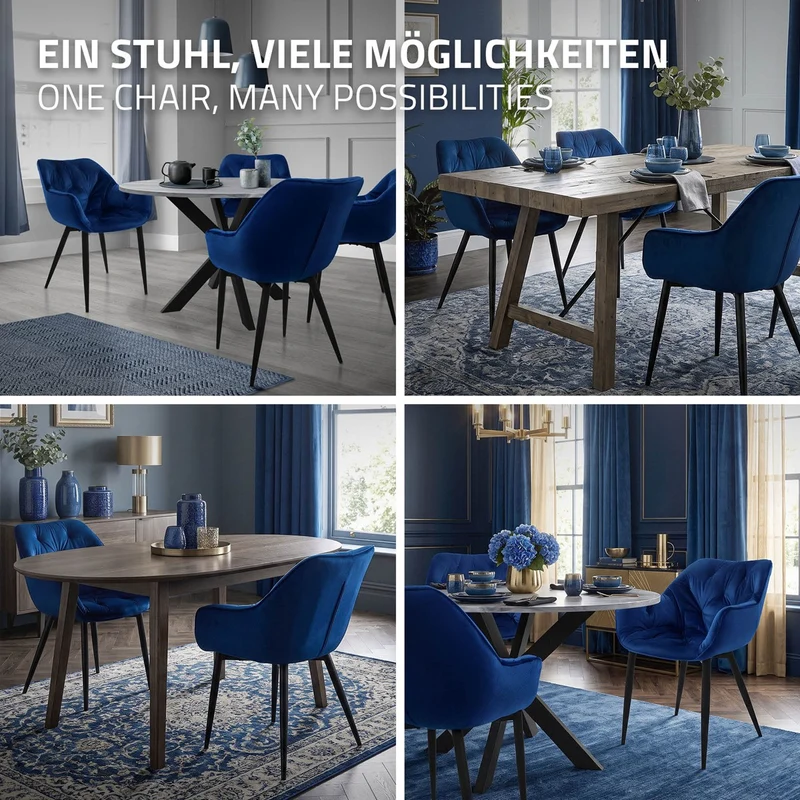 B-Ware Esszimmerstuhl 2er Set Große Rauten Steppung mit Rücken- und Armlehnen Dunkelblau Küchenstuhl mit Microfaser-Samtbezug ML-Design