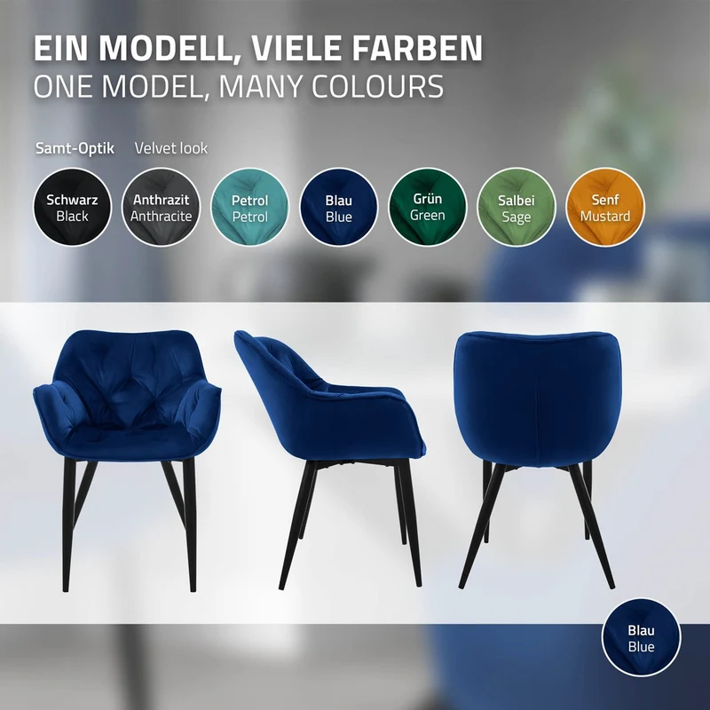 B-Ware Esszimmerstuhl 2er Set Große Rauten Steppung mit Rücken- und Armlehnen Dunkelblau Küchenstuhl mit Microfaser-Samtbezug ML-Design