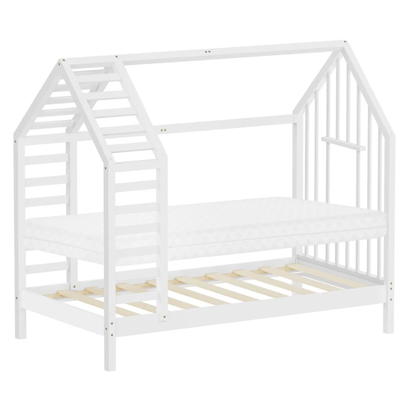 ML-DESIGN | Kinderbett mit Matratze und Lattenrost & Dach aus massivem Kiefernholz 80x160 cm Weiß Hausbett Montessori Bettgestell für Mädchen Jungen