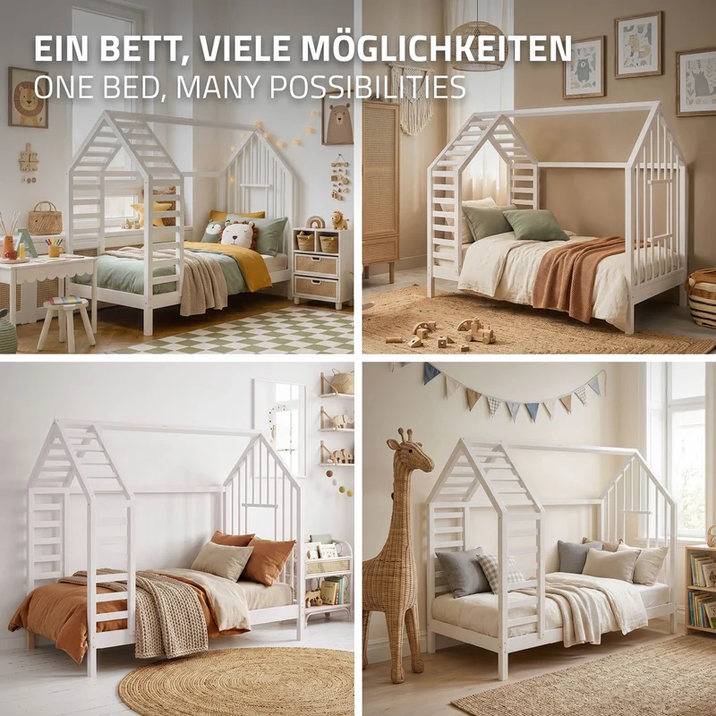 ML-DESIGN | Kinderbett mit Matratze und Lattenrost & Dach aus massivem Kiefernholz 80x160 cm Weiß Hausbett Montessori Bettgestell für Mädchen Jungen