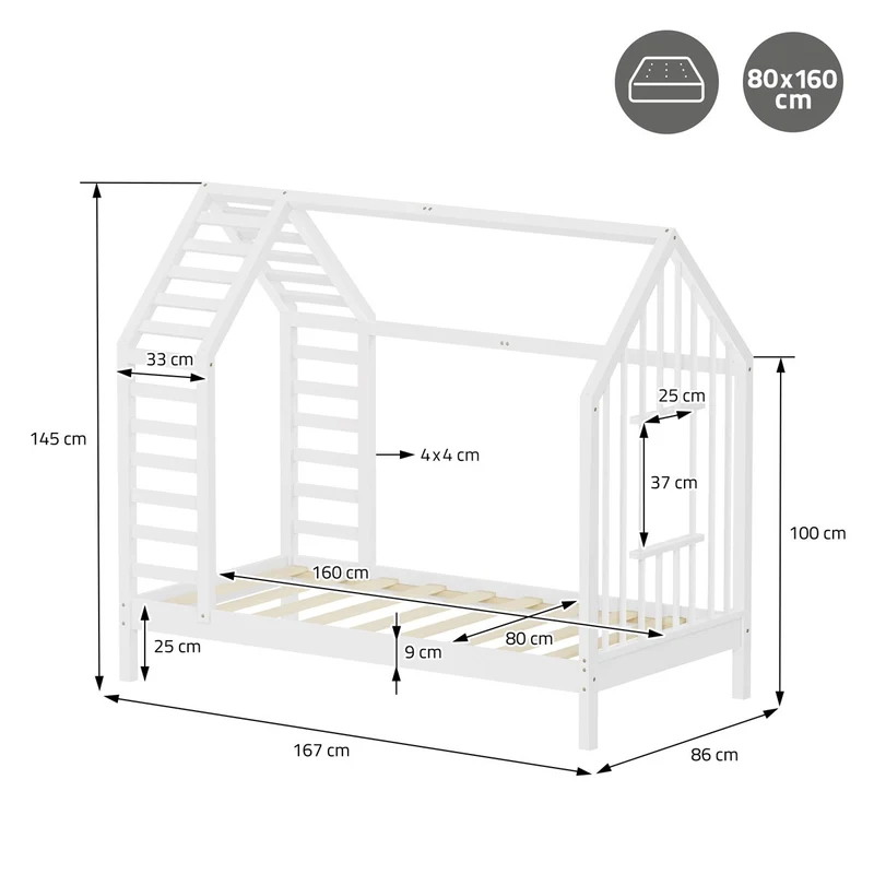 ML-DESIGN | Kinderbett mit Matratze und Lattenrost & Dach aus massivem Kiefernholz 80x160 cm Weiß Hausbett Montessori Bettgestell für Mädchen Jungen