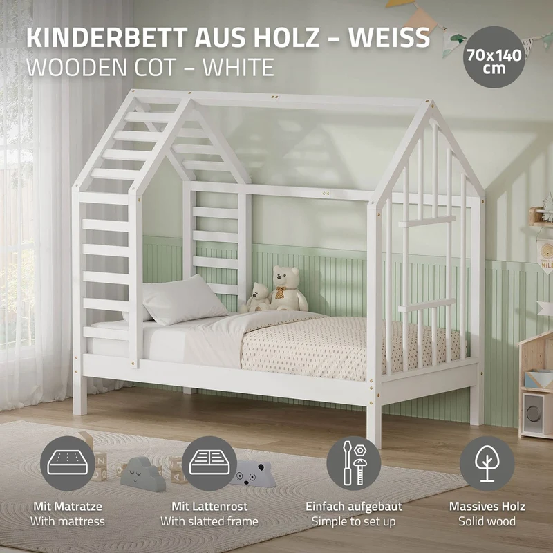 ML-DESIGN | Kinderbett mit Matratze und Lattenrost & Dach aus massivem Kiefernholz 70x140 cm Weiß Hausbett Montessori Bettgestell für Mädchen Jungen