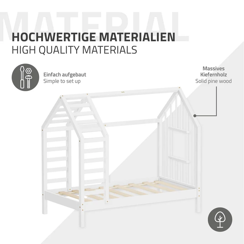 ML-DESIGN | Kinderbett mit Matratze und Lattenrost & Dach aus massivem Kiefernholz 70x140 cm Weiß Hausbett Montessori Bettgestell für Mädchen Jungen