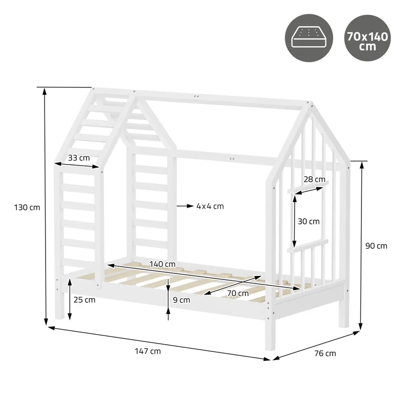 ML-DESIGN | Kinderbett mit Matratze und Lattenrost & Dach aus massivem Kiefernholz 70x140 cm Weiß Hausbett Montessori Bettgestell für Mädchen Jungen