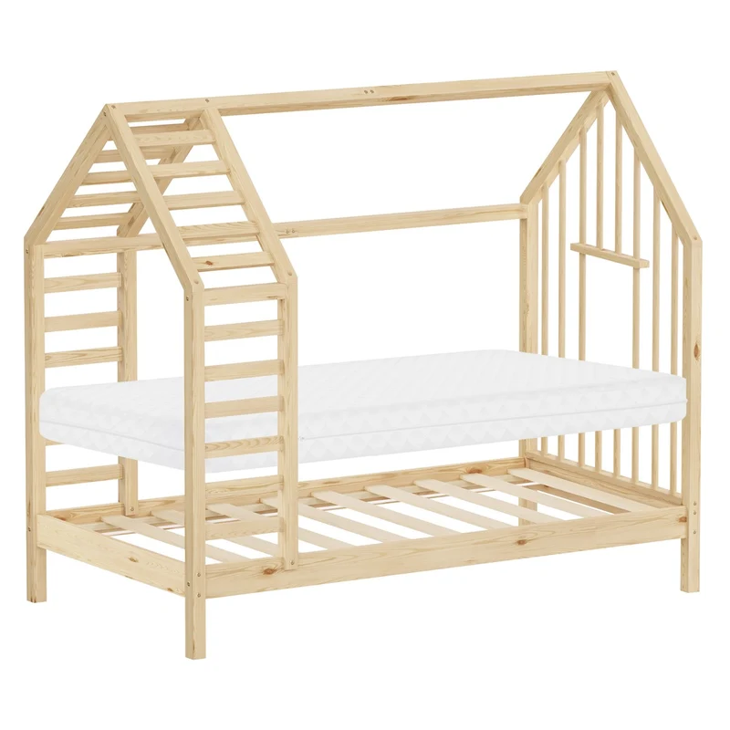 ML-DESIGN | Kinderbett mit Matratze und Lattenrost & Dach aus massivem Kiefernholz 80x160 cm Natur Hausbett Montessori Bettgestell für Mädchen Jungen