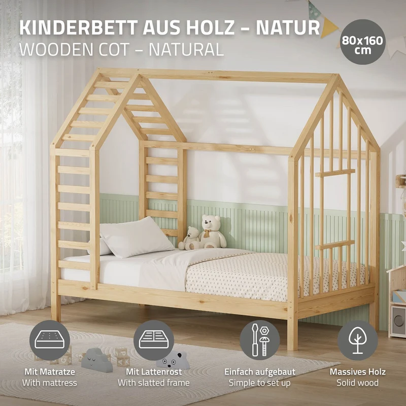 ML-DESIGN | Kinderbett mit Matratze und Lattenrost & Dach aus massivem Kiefernholz 80x160 cm Natur Hausbett Montessori Bettgestell für Mädchen Jungen
