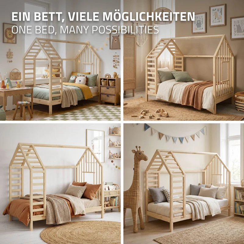ML-DESIGN | Kinderbett mit Matratze und Lattenrost & Dach aus massivem Kiefernholz 80x160 cm Natur Hausbett Montessori Bettgestell für Mädchen Jungen